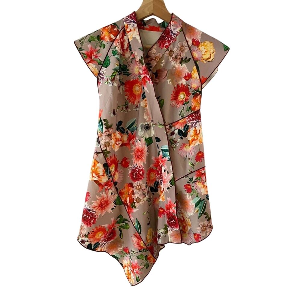 Floral Mandarin Collar Satin Pullover A Symmetrical Asian Style Blouse Top Cap S